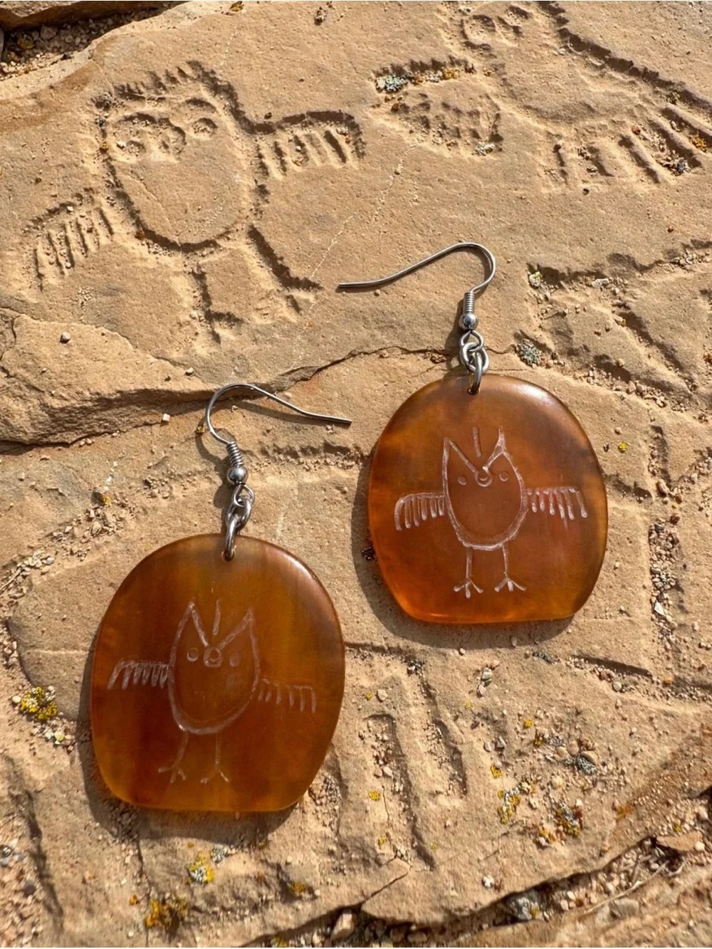 Buffalo Horn Owl Earrings - Petroglyph Carved Earrings